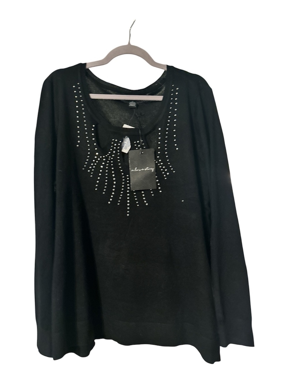 NWT A love story Women's Black Crew Neck Sweater with Stud Detail 3x ray poly